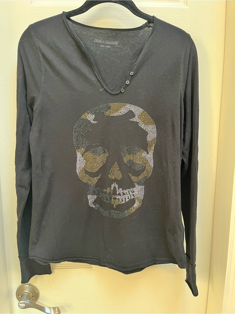 Zadig & Voltaire Women’s Black Long-Sleeve Metallic Studded Skull Shirt